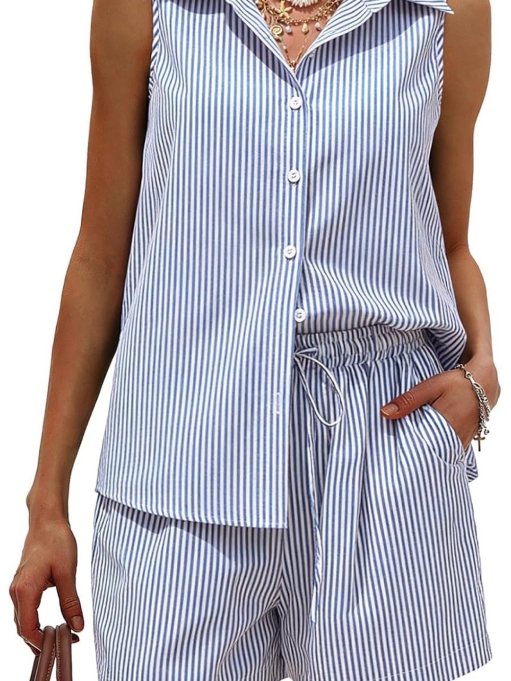 Striped Blue White Drawstring Women's Shorts